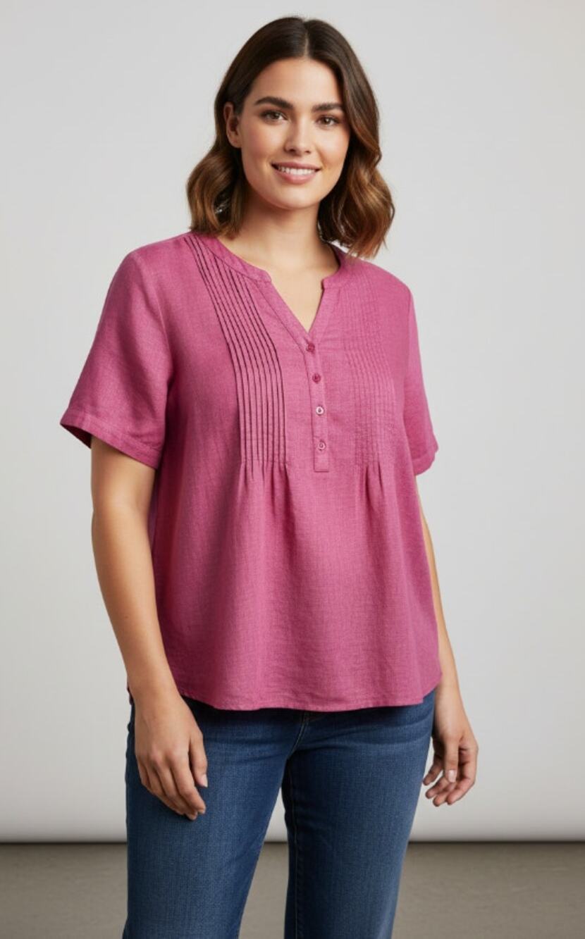 COLDWATER CREEK 100% LINEN PINK PINTUCK POPOVER TUNIC BLOUSE WOMENS SIZE 2X